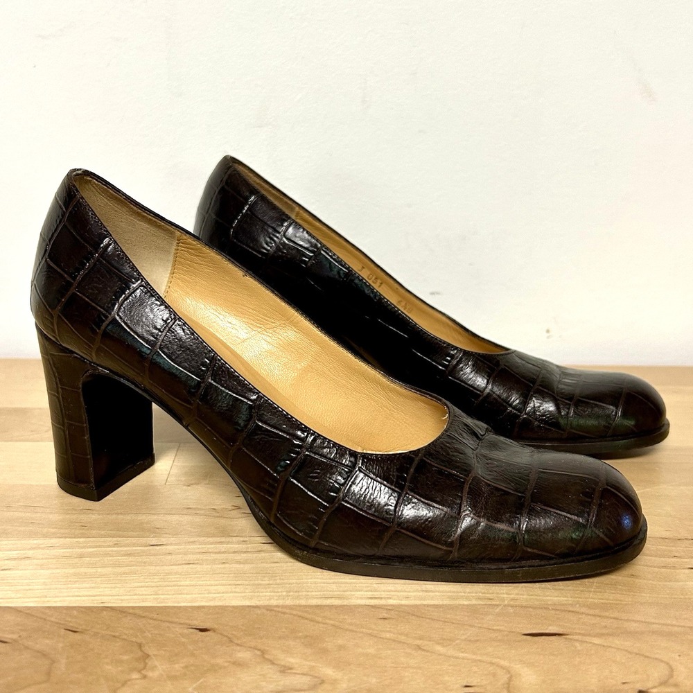 Vtg 90s Coach Pumps Brown Leather Sz6.5B Croc Embossed Chunky Heel Career Italy